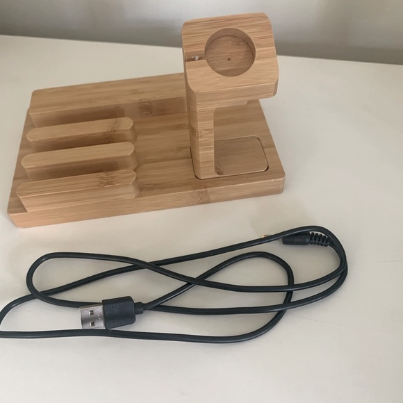 iPhone and Apple Watch charging station. Wooden